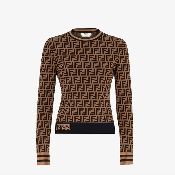 Fendi FF Motif Monogram Jacquard Long Sleeve Sweater in Brown - Picture 2 of 10